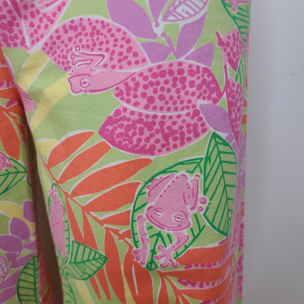 Lilly Pulitzer Vintage Pink Orange Green Tropical Frog Print Wide Leg Pants 4 - Picture 6 of 11